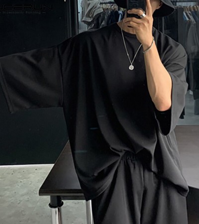 RisingHope Korea INCERUN 2PCS男士短袖T恤短袖套装运动运动套装休闲套装